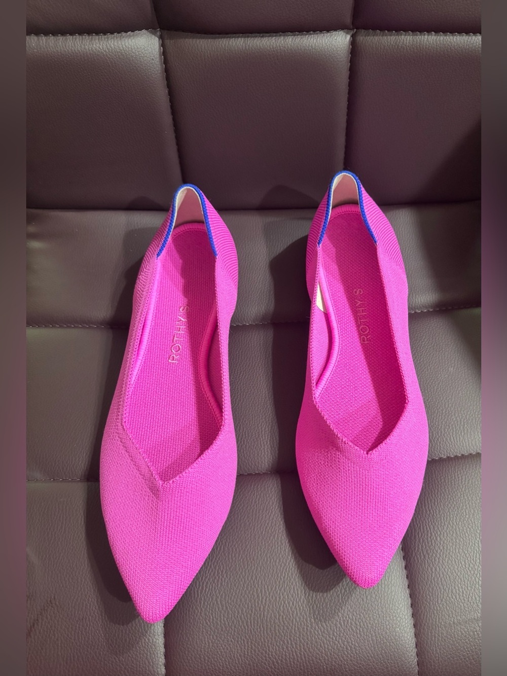 Rothy's Women's Pointed Flat in Bright Pink with Blue Trim